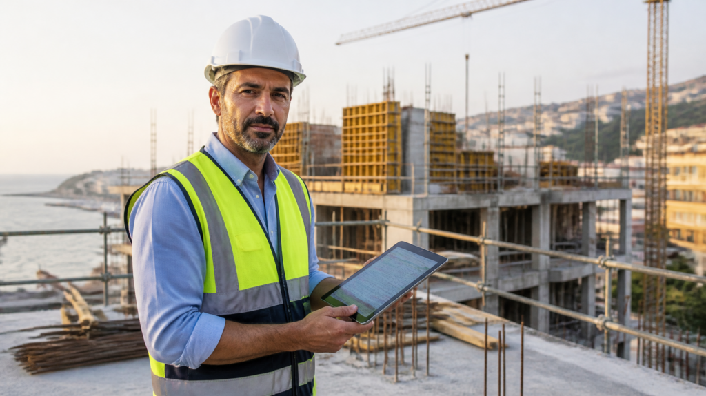 Direttore dei lavori in cantiere che consulta su tablet un software di AI per la contabilità lavori