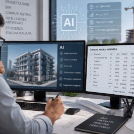Ingegnere in uno studio tecnico valuta le funzioni di AI nei software per l'edilizia su un modello BIM e un computo metrico