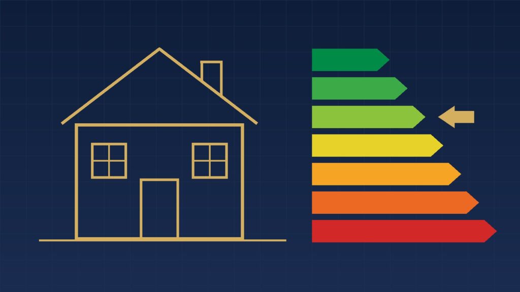 Illustrazione di una casa con la scala delle classi energetiche, per la guida su come si redige l'APE e quanto costa