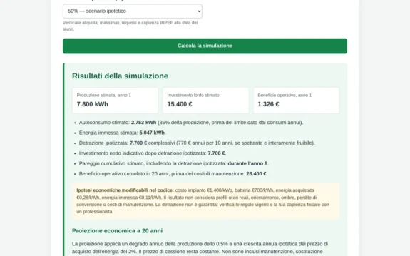 Anteprima della web app Simulatore Fotovoltaico e Accumulo