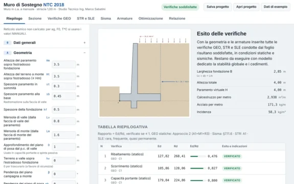 Anteprima della web app Muro di sostegno NTC 2018