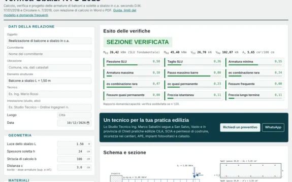 Anteprima della web app Balconi e solette a sbalzo NTC 2018