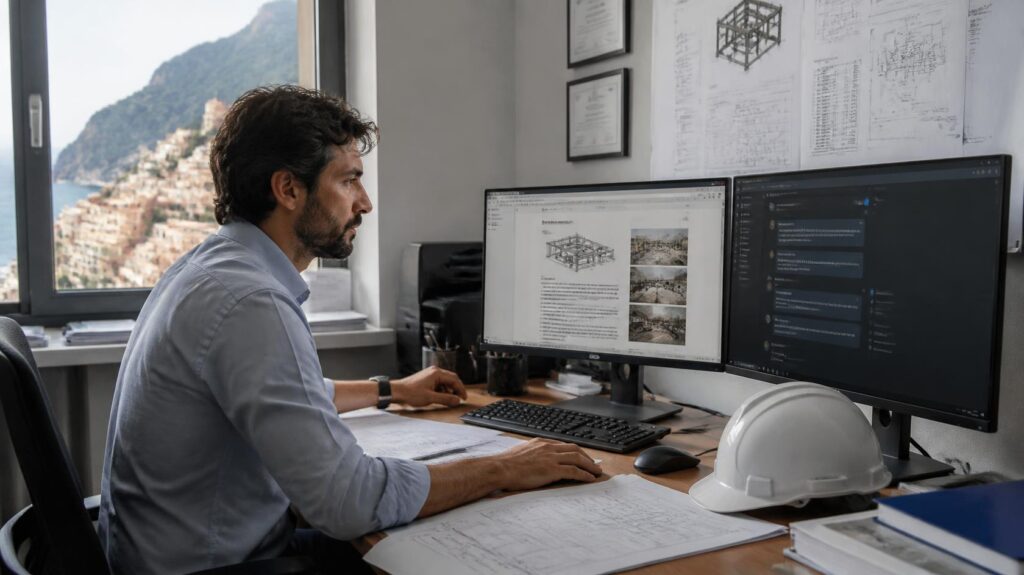 Ingegnere che confronta assistenti AI per lo studio tecnico su due monitor in ufficio
