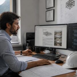 Ingegnere che confronta assistenti AI per lo studio tecnico su due monitor in ufficio