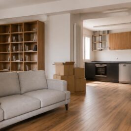 Soggiorno ristrutturato con divano, libreria e cucina nuova acquistati con il bonus mobili 2026