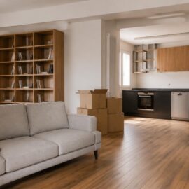 Soggiorno ristrutturato con divano, libreria e cucina nuova acquistati con il bonus mobili 2026