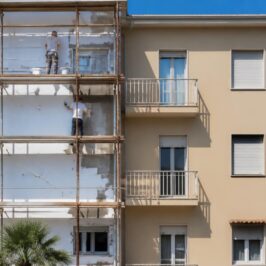 Palazzina residenziale sulla costa durante la posa del cappotto termico: pannelli isolanti tassellati su metà facciata e intonaco di finitura sull'altra metà