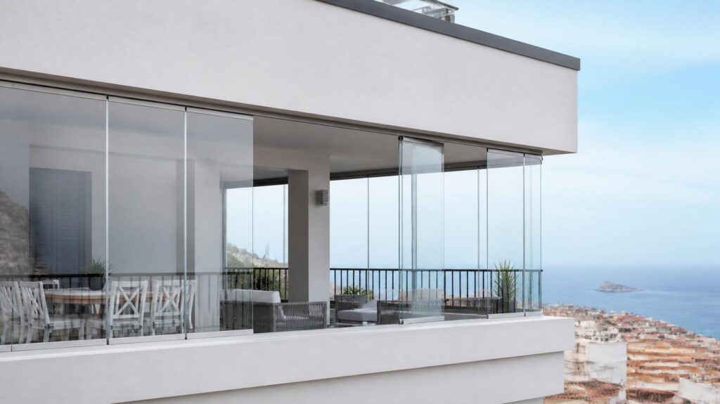Balcone di un condominio sul mare protetto da vetrate scorrevoli trasparenti, esempio di come chiudere il balcone con vetrate panoramiche amovibili