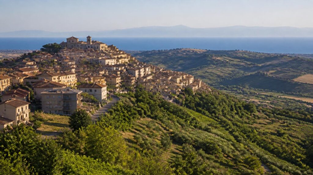 Paesaggio collinare abruzzese con borgo e costa, per un articolo sulla classificazione sismica in provincia di Chieti