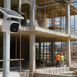 Telecamera da cantiere alimentata a pannello solare davanti a un edificio in costruzione con ponteggi e operai con casco e gilet ad alta visibilità