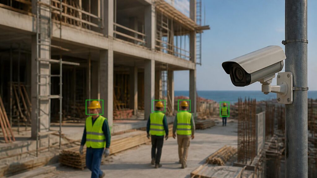 Telecamera di un sistema di computer vision in cantiere che controlla casco e gilet degli operai