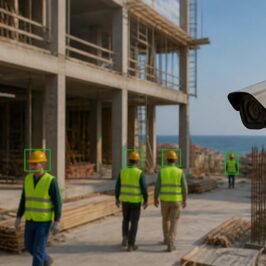 Telecamera di un sistema di computer vision in cantiere che controlla casco e gilet degli operai