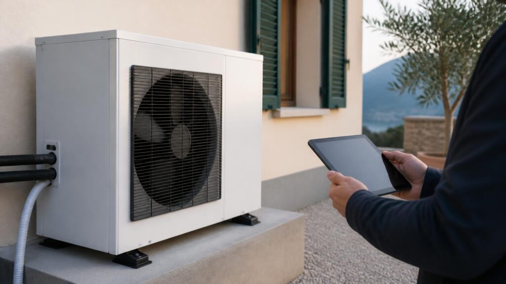 Unità esterna di una pompa di calore aria-acqua installata accanto a un'abitazione, intervento incentivabile con il Conto Termico 3.0 pompa di calore