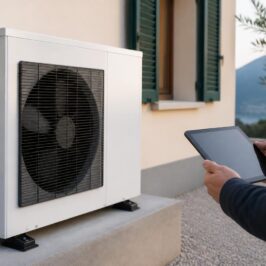 Unità esterna di una pompa di calore aria-acqua installata accanto a un'abitazione, intervento incentivabile con il Conto Termico 3.0 pompa di calore