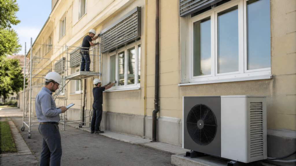 Tecnici al lavoro su infissi e pompa di calore di un edificio pubblico, interventi interessati dal correttivo Conto Termico 3.0