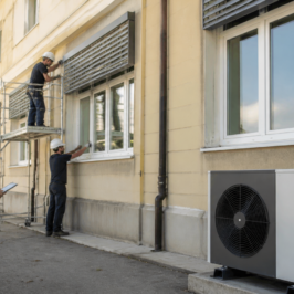 Tecnici al lavoro su infissi e pompa di calore di un edificio pubblico, interventi interessati dal correttivo Conto Termico 3.0