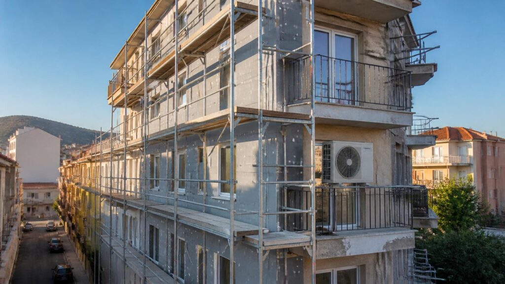 Condominio con ponteggi e cappotto termico in corso, lavori di efficienza legati alla direttiva Case Green