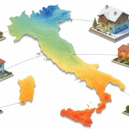 Illustrazione isometrica di diverse tipologie di edifici residenziali italiani disposti attorno a una mappa dell'Italia con gradiente climatico, per un articolo sugli edifici di riferimento ENEA