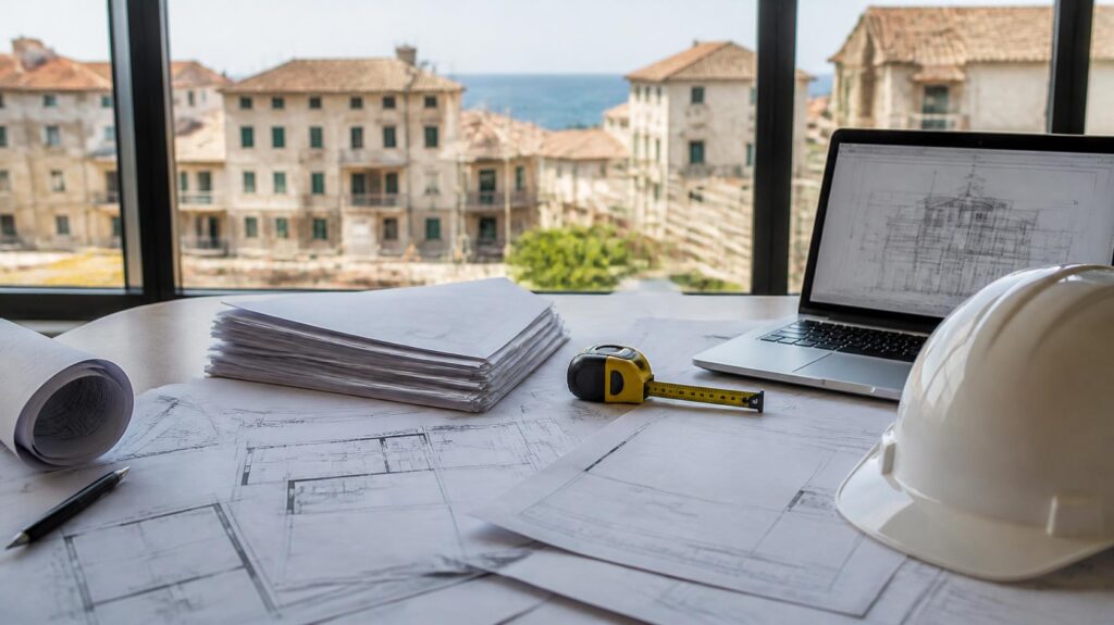 Scrivania di uno studio tecnico con progetti e documenti: guida completa alle pratiche edilizie