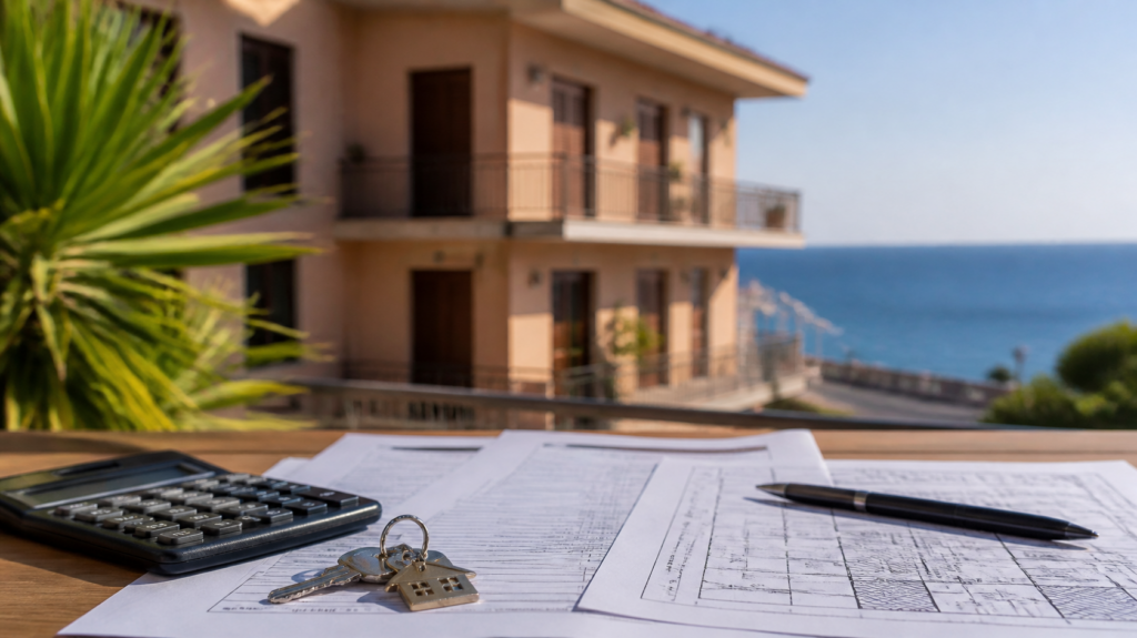 Calcolo dell'IMU seconda casa con visura catastale e calcolatrice davanti a un condominio sul mare
