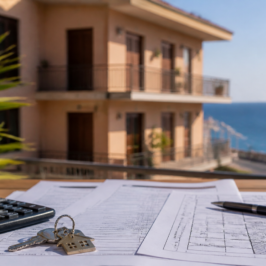 Calcolo dell'IMU seconda casa con visura catastale e calcolatrice davanti a un condominio sul mare