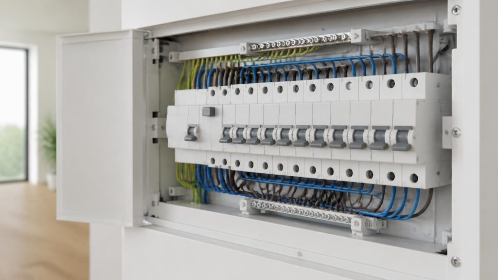Quadro elettrico domestico con interruttore differenziale e magnetotermici su guida DIN in un impianto residenziale