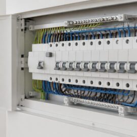 Quadro elettrico domestico con interruttore differenziale e magnetotermici su guida DIN in un impianto residenziale