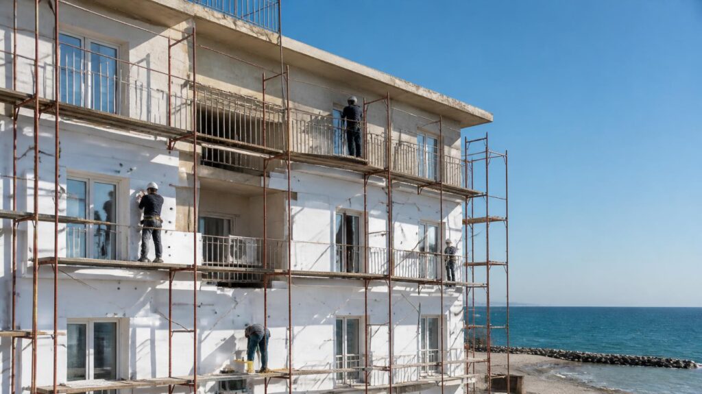 Condominio anni '70 sulla costa durante i lavori per migliorare la classe energetica con cappotto e nuovi infissi