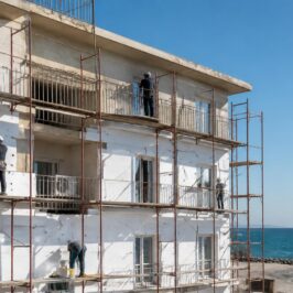 Condominio anni '70 sulla costa durante i lavori per migliorare la classe energetica con cappotto e nuovi infissi