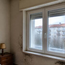 Finestra nuova in PVC con condensa sul vetro e macchie scure sulla parete: un caso tipico di muffa dopo il cambio degli infissi