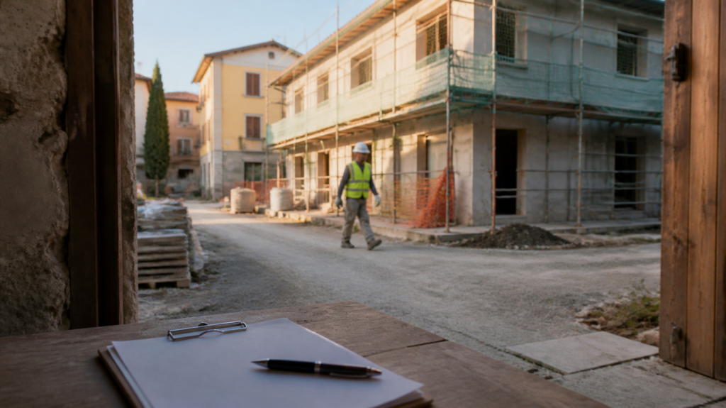 Cantiere di ristrutturazione con documenti sul tavolo: la notifica preliminare va inviata prima dell'inizio dei lavori