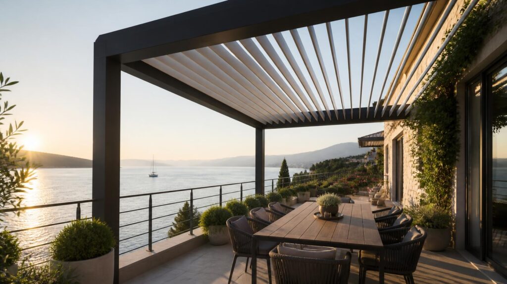Pergola bioclimatica con lamelle orientabili su un terrazzo: quando serve un permesso per il pergolato
