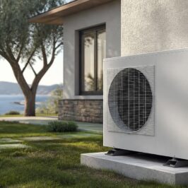 Unità esterna monoblocco di una pompa di calore aria-acqua installata su basamento accanto a una casa ristrutturata in contesto costiero
