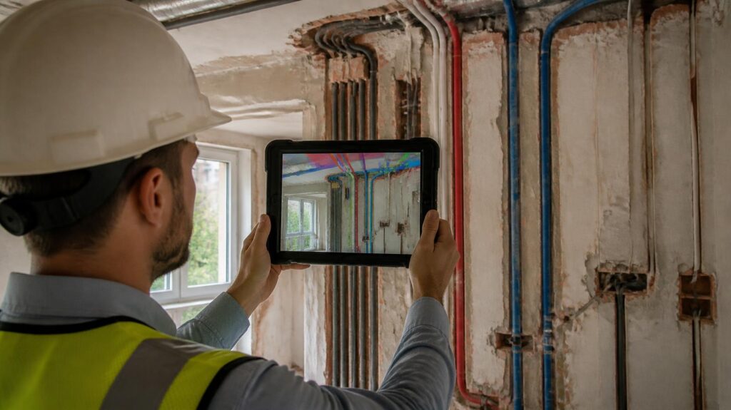 Tecnico che usa la realtà aumentata in cantiere per sovrapporre il modello BIM degli impianti alla parete