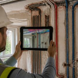Tecnico che usa la realtà aumentata in cantiere per sovrapporre il modello BIM degli impianti alla parete