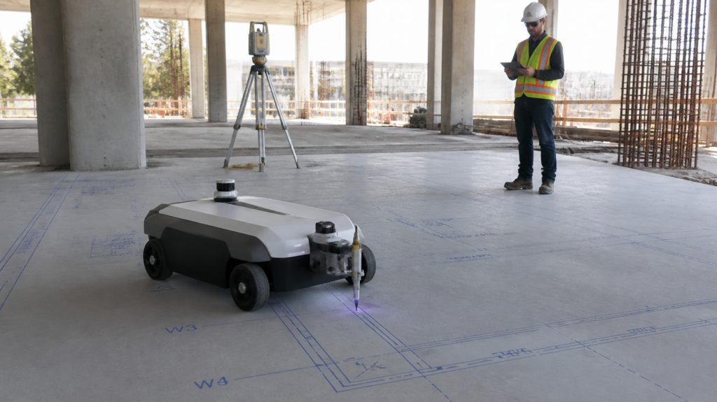 Robot per il tracciamento in cantiere che stampa le linee del progetto su un solaio guidato da una stazione totale