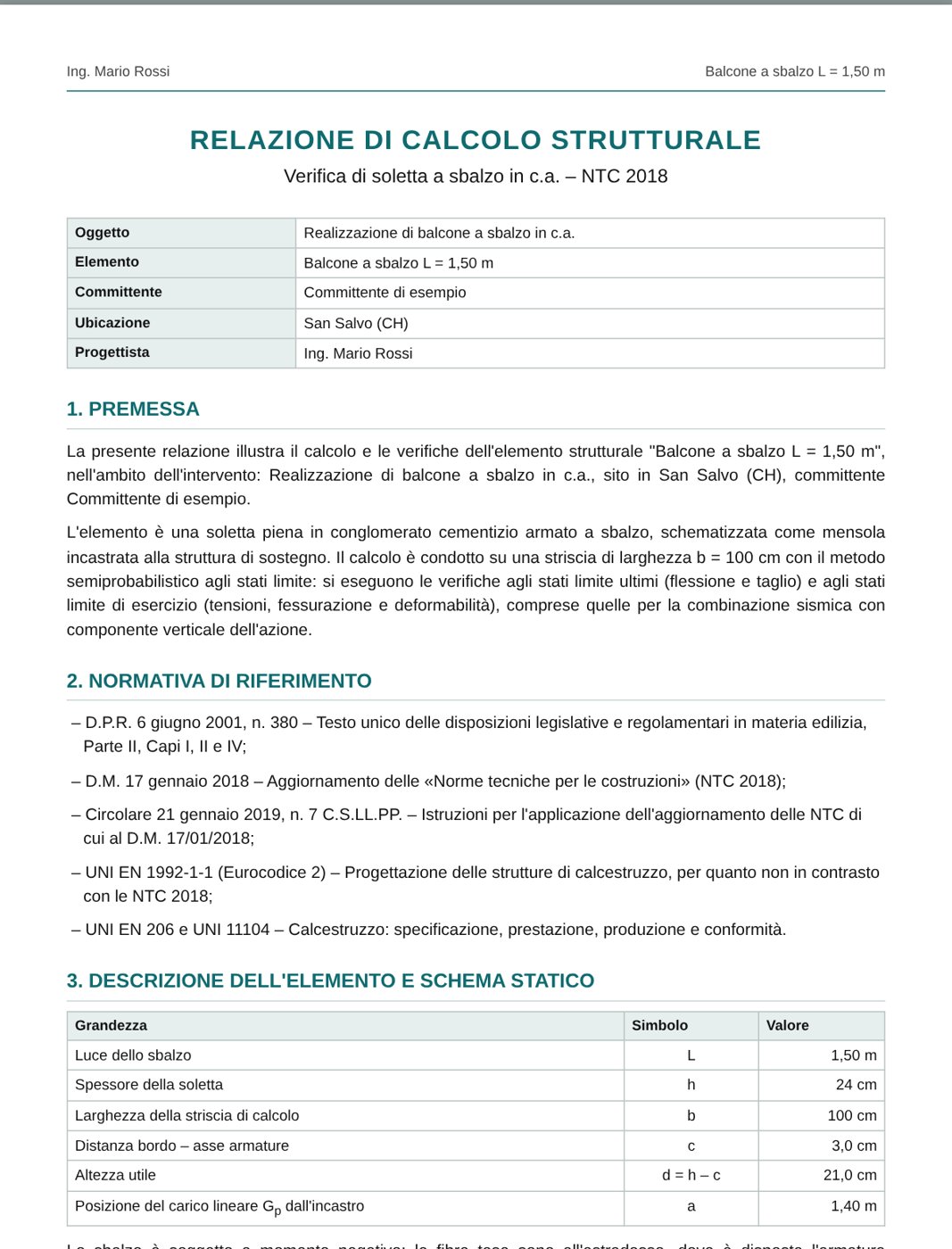 Prima pagina della relazione di calcolo di una soletta a sbalzo in c.a. generata dalla web app