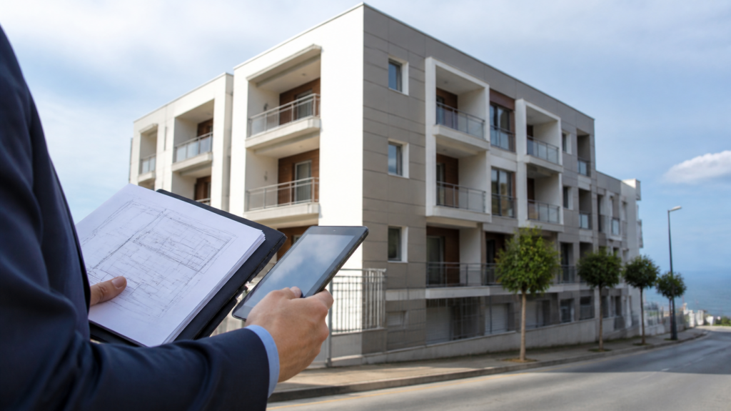 Tecnico con i documenti della segnalazione certificata di agibilità davanti a una palazzina appena ultimata