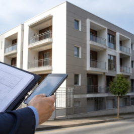 Tecnico con i documenti della segnalazione certificata di agibilità davanti a una palazzina appena ultimata