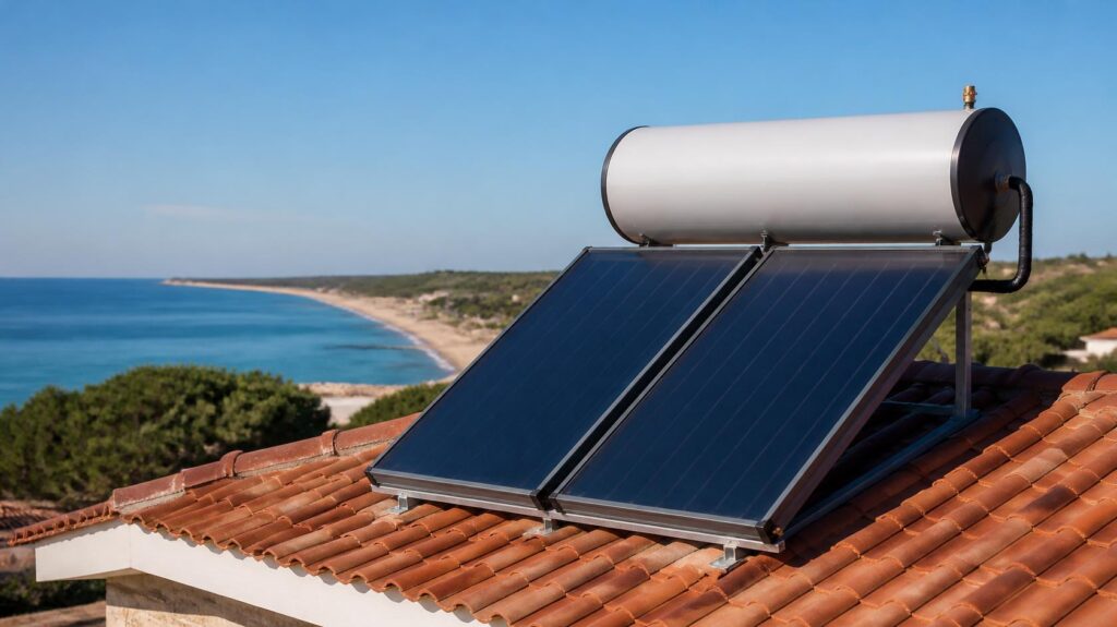 Impianto di solare termico per acqua calda sanitaria a circolazione naturale sul tetto di una casa vicino al mare