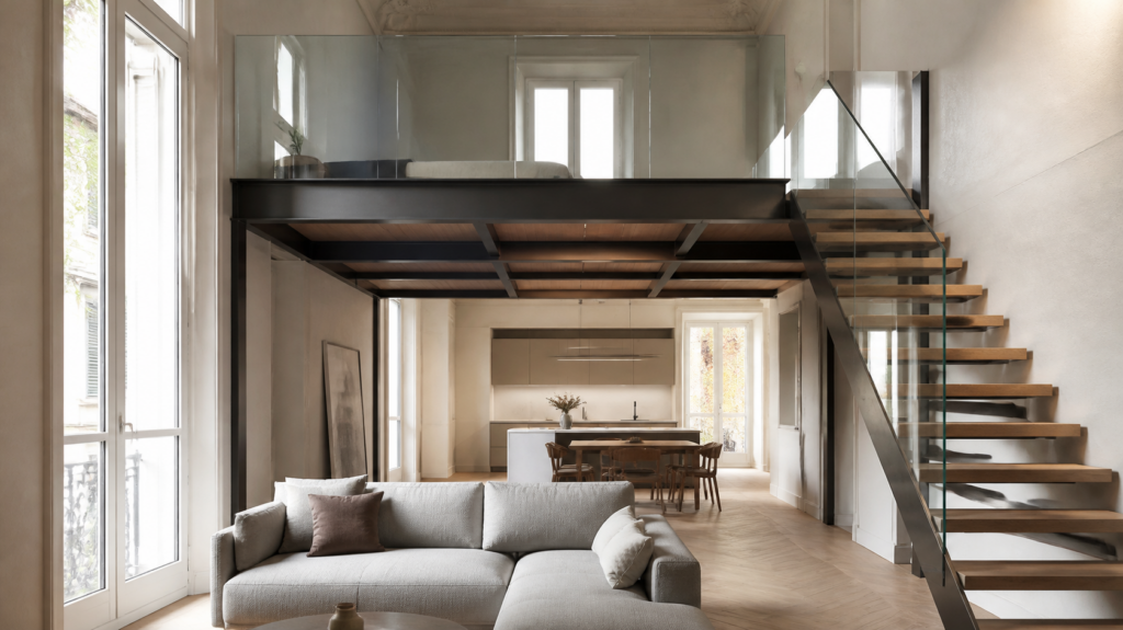 Soppalco in casa in acciaio e legno con scala leggera in un appartamento dai soffitti alti