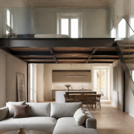 Soppalco in casa in acciaio e legno con scala leggera in un appartamento dai soffitti alti