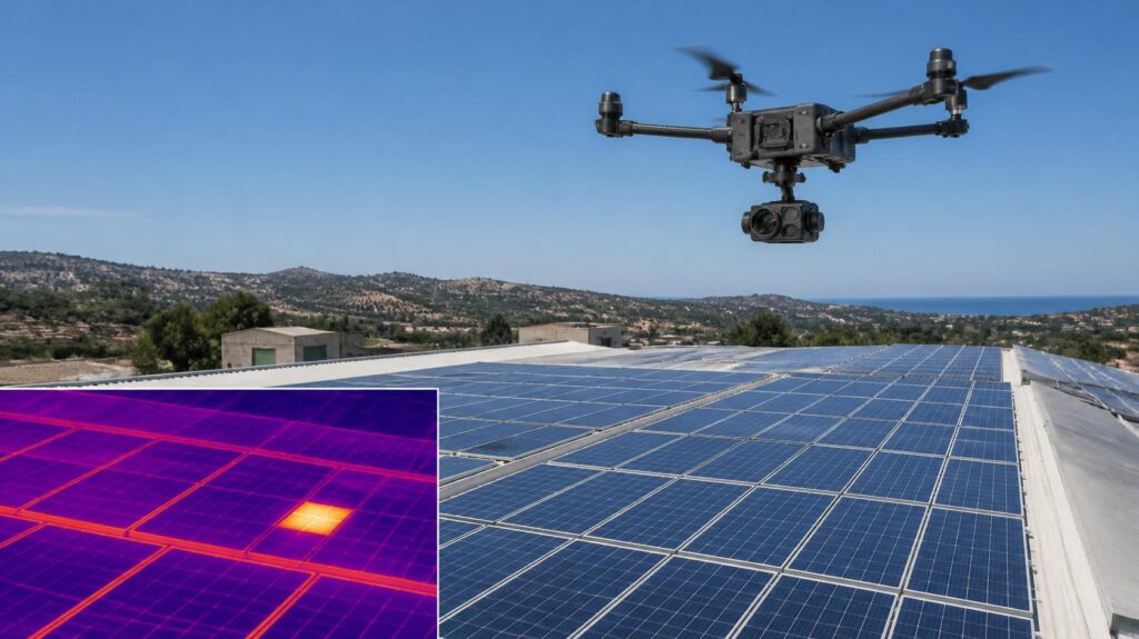 Ispezione di un impianto fotovoltaico su un capannone industriale eseguita con la termografia con drone