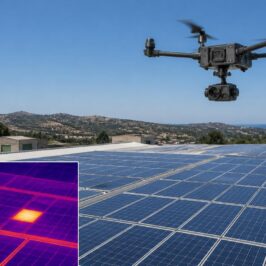 Ispezione di un impianto fotovoltaico su un capannone industriale eseguita con la termografia con drone