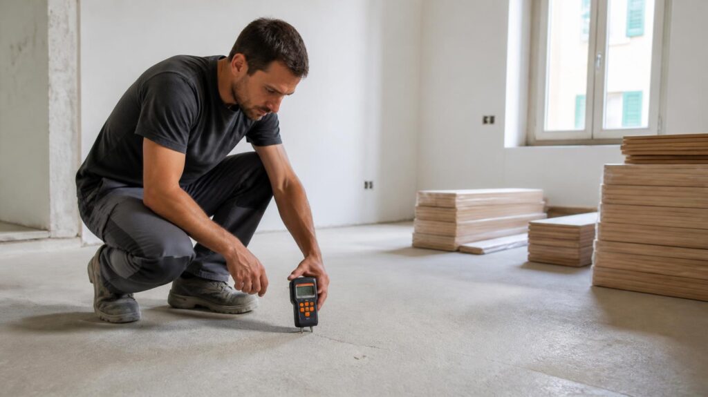 Tecnico che controlla l'umidità del massetto prima della posa del pavimento in legno