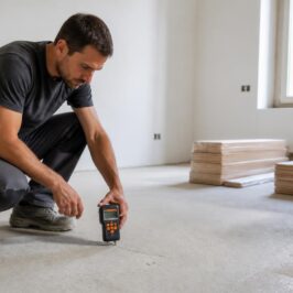 Tecnico che controlla l'umidità del massetto prima della posa del pavimento in legno