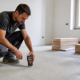 Tecnico che controlla l'umidità del massetto prima della posa del pavimento in legno