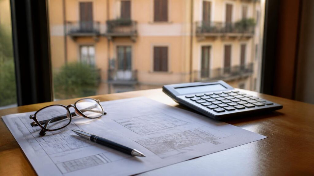 Visura e calcolatrice sulla scrivania per calcolare il valore catastale di una casa