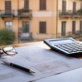 Visura e calcolatrice sulla scrivania per calcolare il valore catastale di una casa
