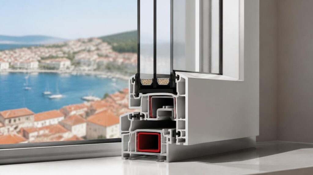 Sezione di un serramento con vetrocamera basso emissivo: un esempio di vetri per finestre ad alta efficienza con vista sulla costa